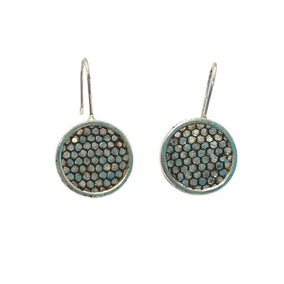 Vintage Polka Dots Circle Dangle Button Earrings Silver Tone Hooks - Picture 1 of 2